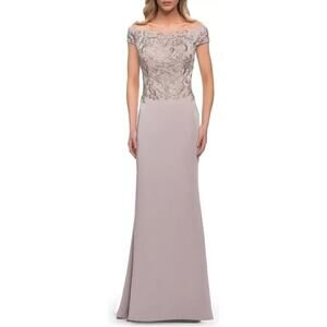 La Femme NWT 29331 Embellished Off the Shoulder Jersey Gown Dress Light Taupe 4